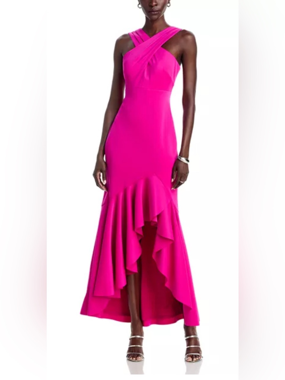 Eliza J Halter Neck Empire Waist Hi Lo Gown - Hot Pink